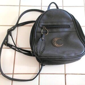Earthbound Trading Black Mini Backpack Purse w/ Metal Crescent Moon & Feather
